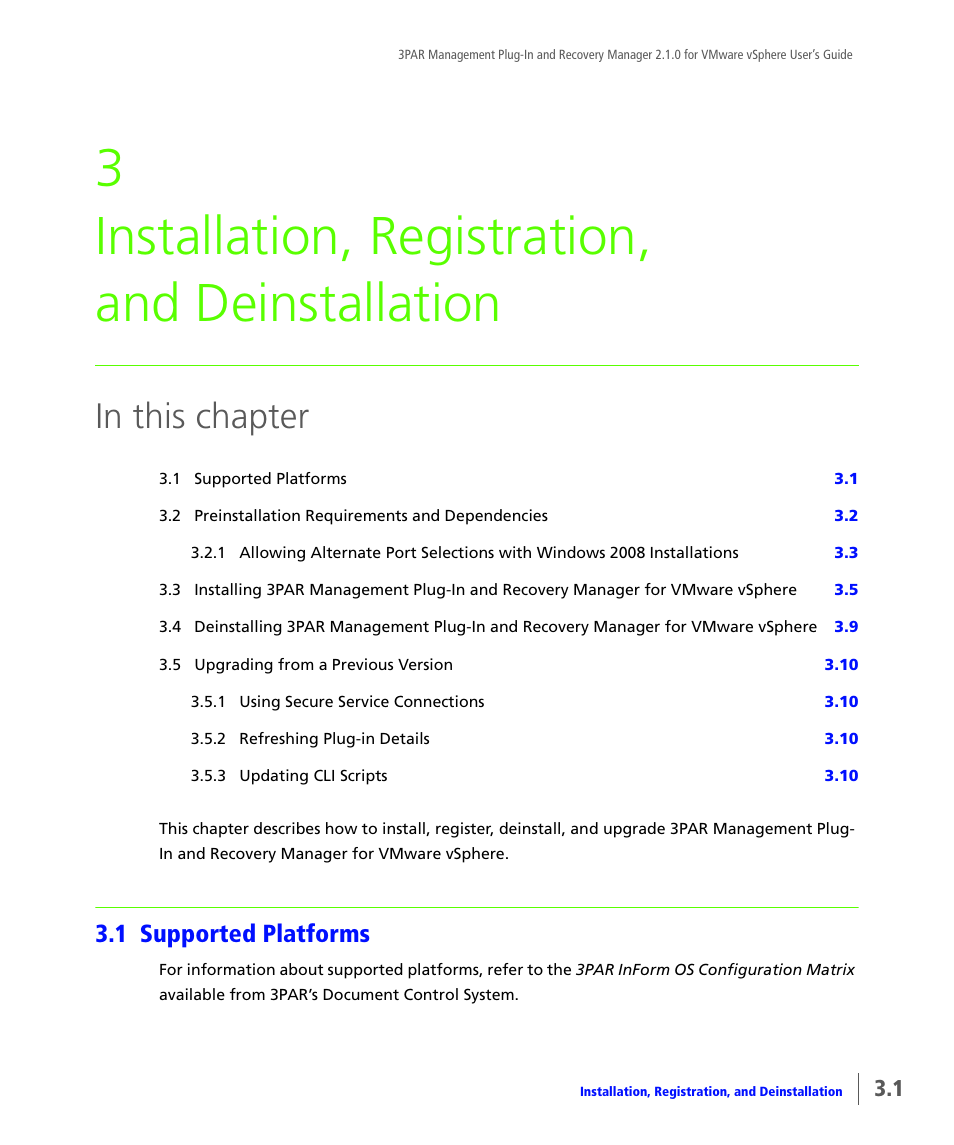 Installation, registration, and deinstallation, 1 supported platforms, Supported platforms | 3 installation, registration, and deinstallation | HP 3PAR Application Software Suite for VMware User Manual | Page 39 / 120