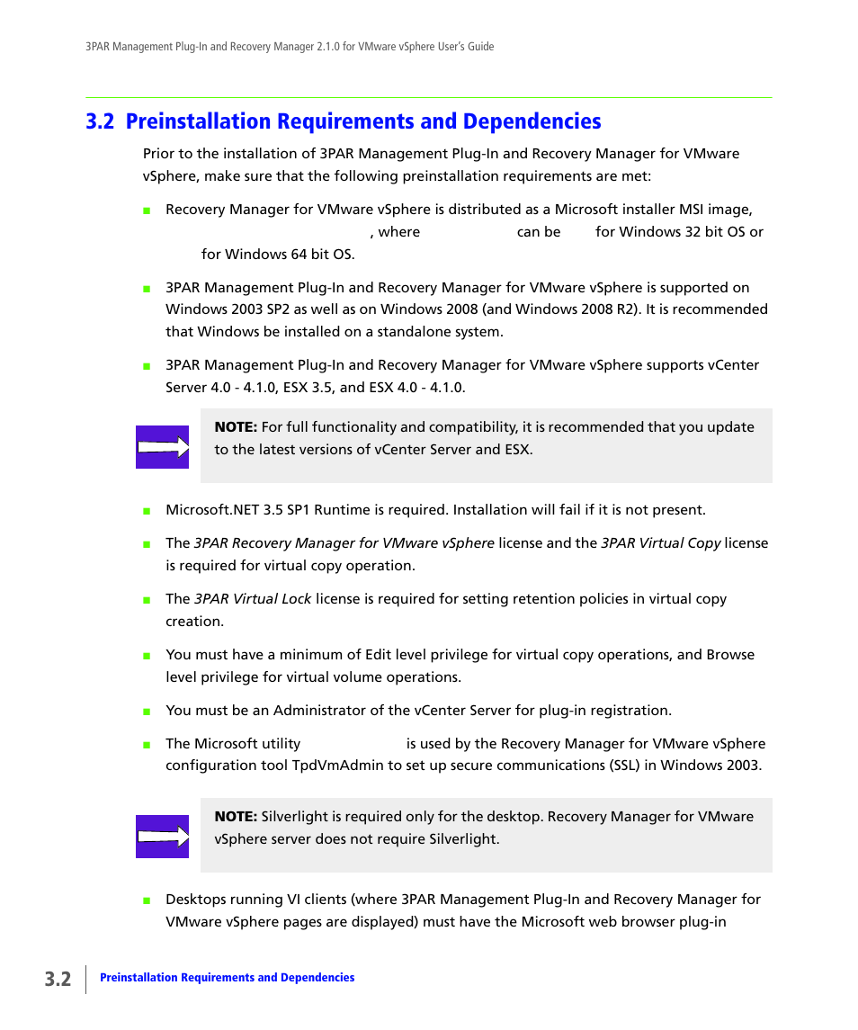 2 preinstallation requirements and dependencies, Preinstallation requirements and dependencies | HP 3PAR Application Software Suite for VMware User Manual | Page 40 / 120