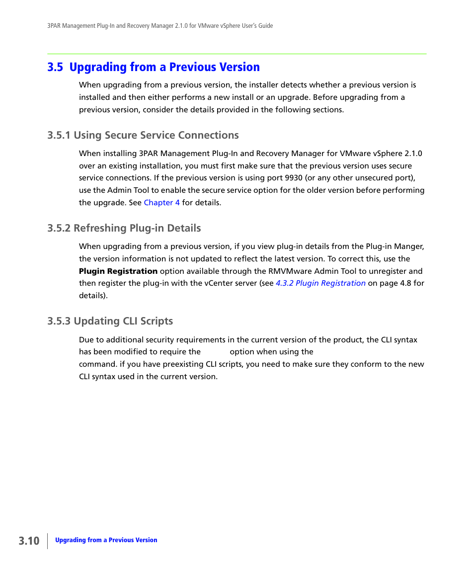 5 upgrading from a previous version, 1 using secure service connections, 2 refreshing plug-in details | 3 updating cli scripts, Upgrading from a previous version, Using secure service connections, Refreshing plug-in details, Updating cli scripts | HP 3PAR Application Software Suite for VMware User Manual | Page 48 / 120