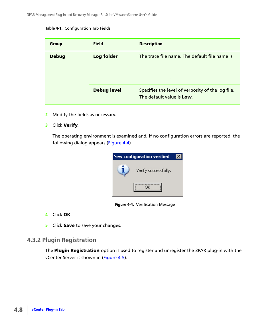2 plugin registration, Plugin registration | HP 3PAR Application Software Suite for VMware User Manual | Page 56 / 120