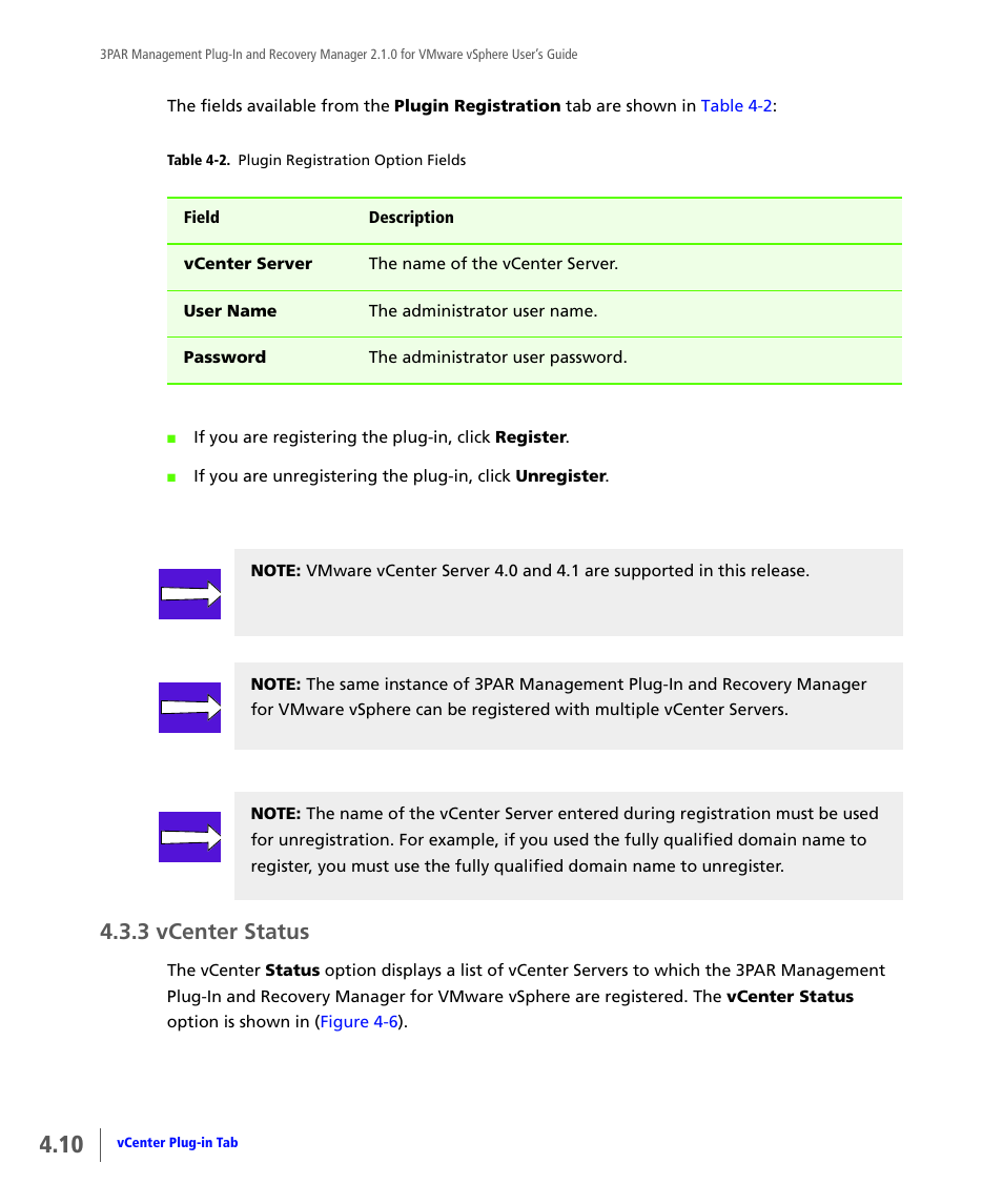 3 vcenter status, Vcenter status | HP 3PAR Application Software Suite for VMware User Manual | Page 58 / 120