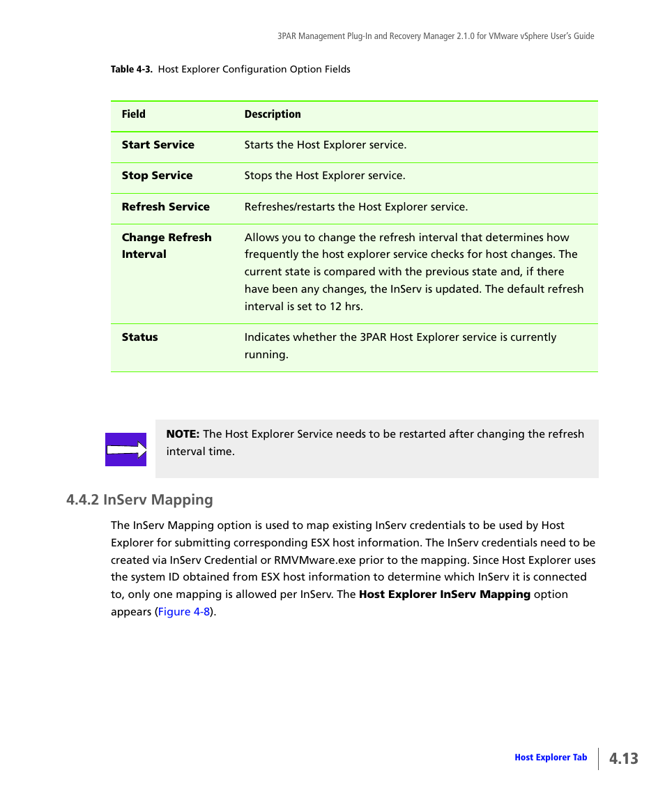 2 inserv mapping, Inserv mapping, Table 4-3 on | HP 3PAR Application Software Suite for VMware User Manual | Page 61 / 120