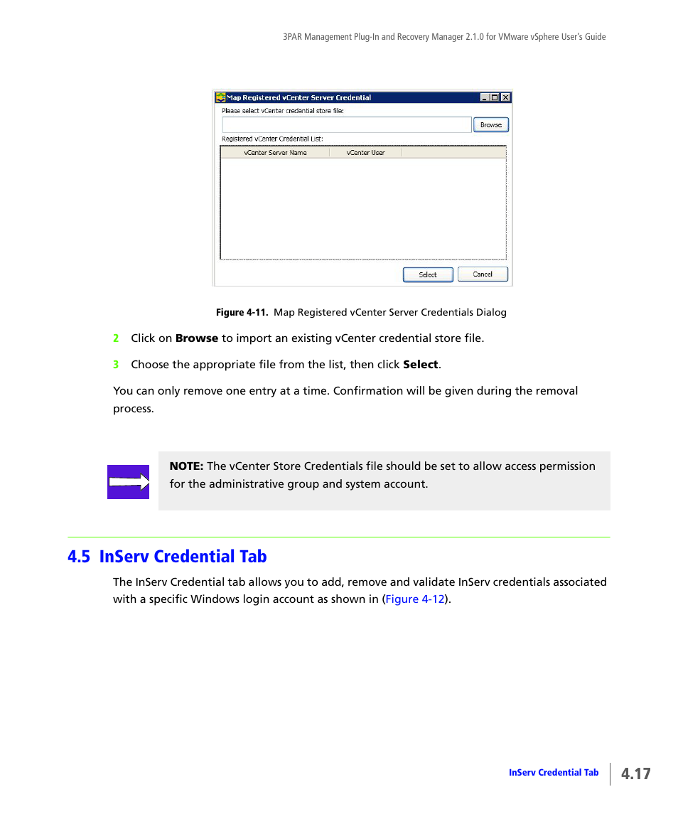 5 inserv credential tab, Inserv credential tab | HP 3PAR Application Software Suite for VMware User Manual | Page 65 / 120