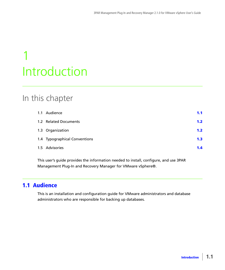 Introduction, 1 audience, Audience | 1 introduction | HP 3PAR Application Software Suite for VMware User Manual | Page 7 / 120