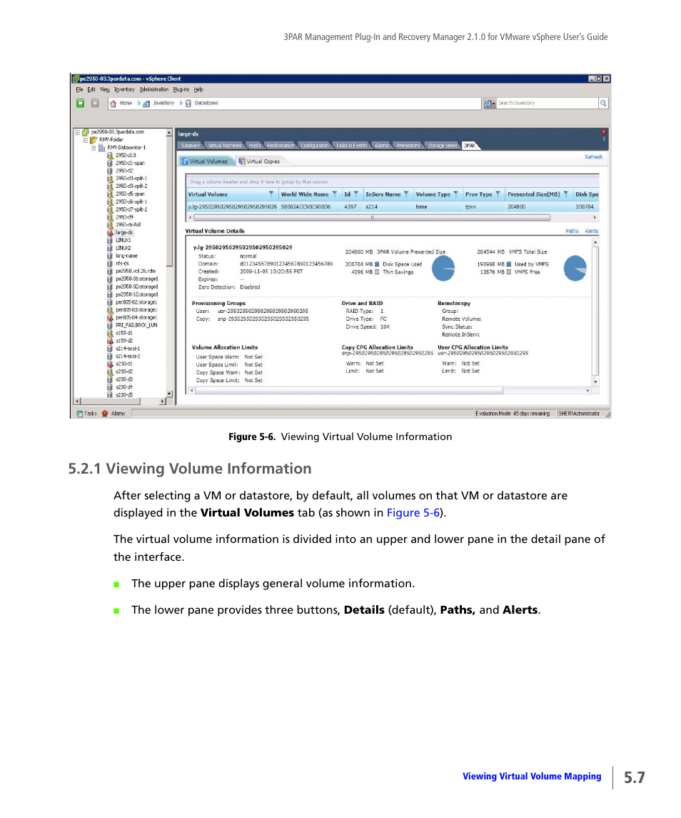 1 viewing volume information, Viewing volume information | HP 3PAR Application Software Suite for VMware User Manual | Page 75 / 120