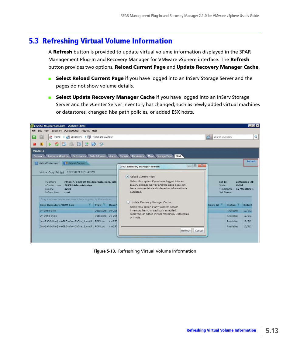 3 refreshing virtual volume information, Refreshing virtual volume information | HP 3PAR Application Software Suite for VMware User Manual | Page 81 / 120