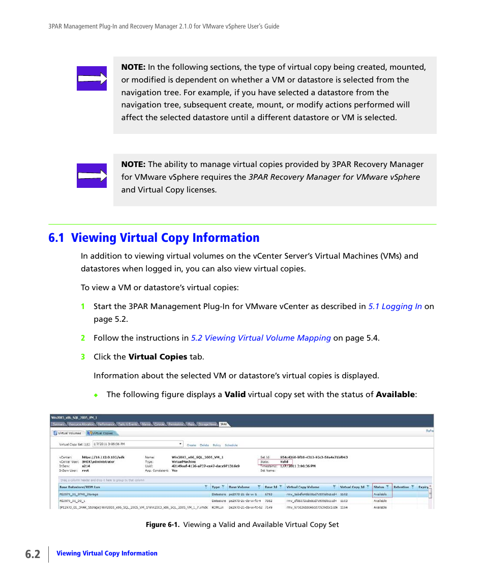 1 viewing virtual copy information, Viewing virtual copy information | HP 3PAR Application Software Suite for VMware User Manual | Page 84 / 120