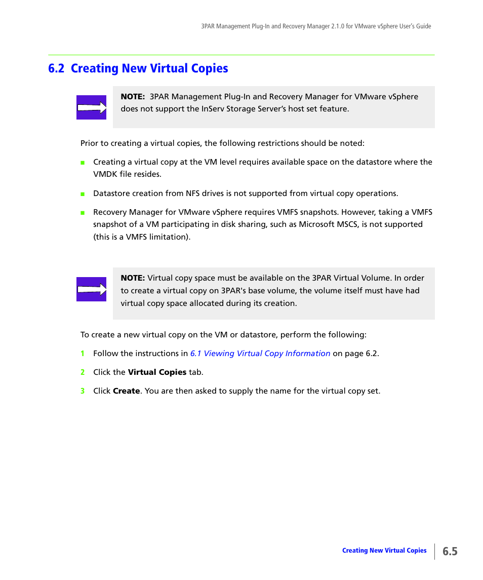 2 creating new virtual copies, Creating new virtual copies | HP 3PAR Application Software Suite for VMware User Manual | Page 87 / 120