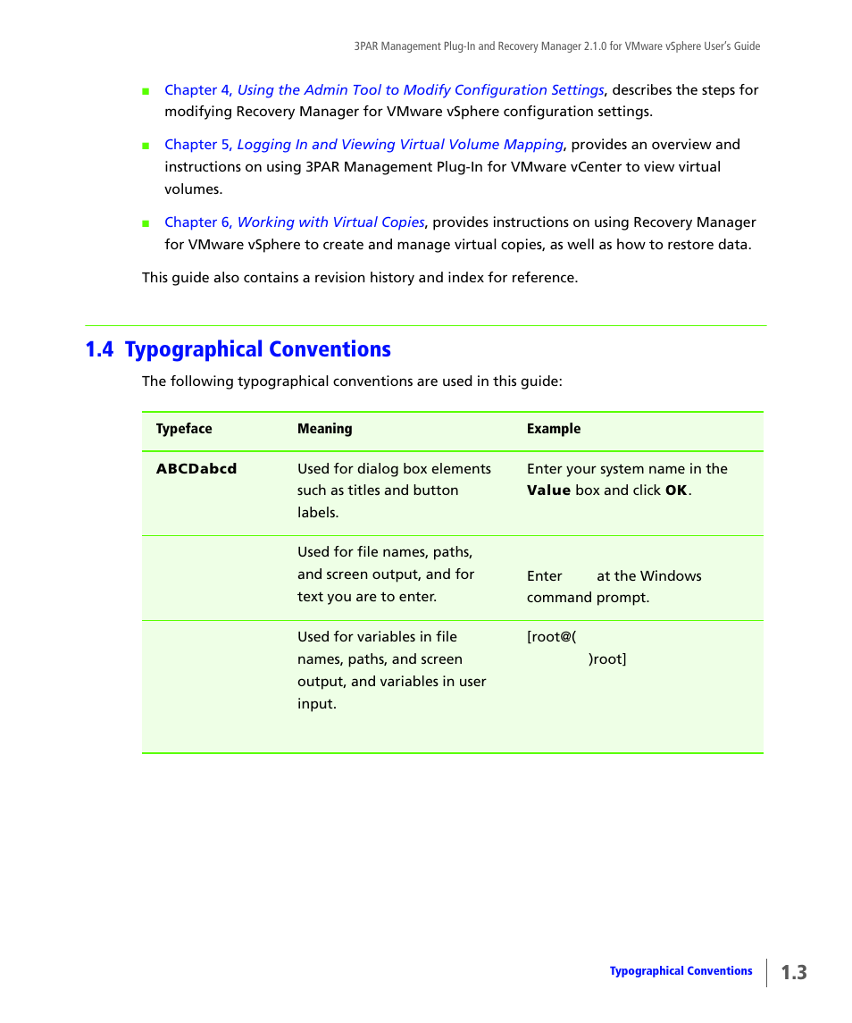 4 typographical conventions, Typographical conventions | HP 3PAR Application Software Suite for VMware User Manual | Page 9 / 120
