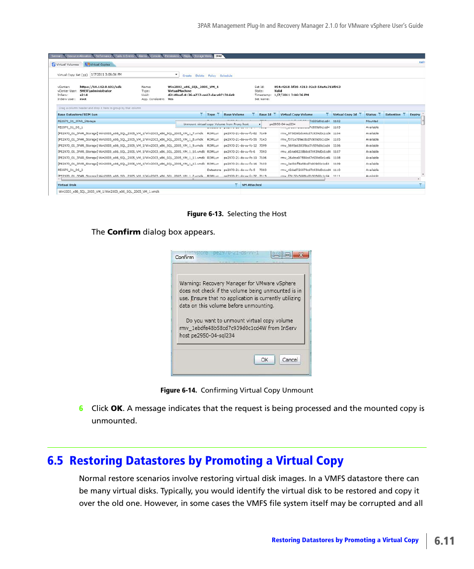 5 restoring datastores by promoting a virtual copy, Restoring datastores by promoting a virtual copy | HP 3PAR Application Software Suite for VMware User Manual | Page 93 / 120