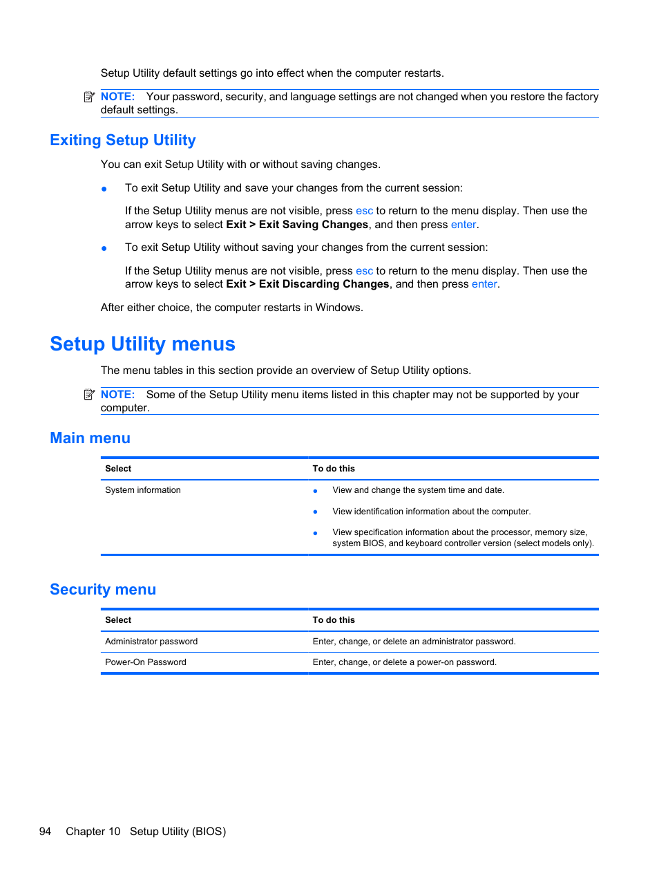 Exiting setup utility, Setup utility menus, Main menu | Security menu, Main menu security menu | HP Compaq Presario CQ42-210AU Notebook PC User Manual | Page 104 / 119