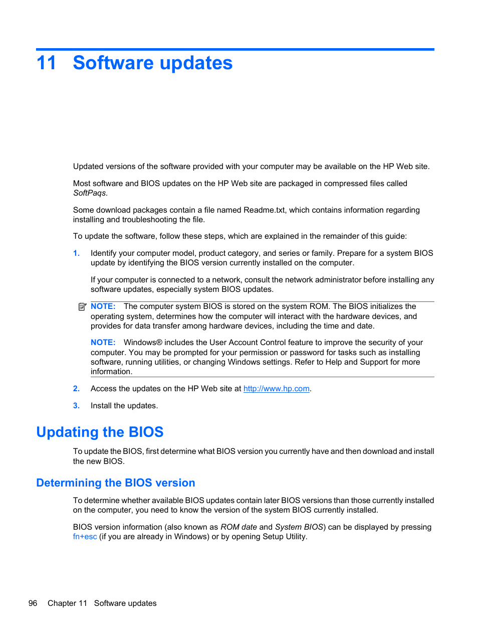 Software updates, Updating the bios, Determining the bios version | 11 software updates | HP Compaq Presario CQ42-210AU Notebook PC User Manual | Page 106 / 119