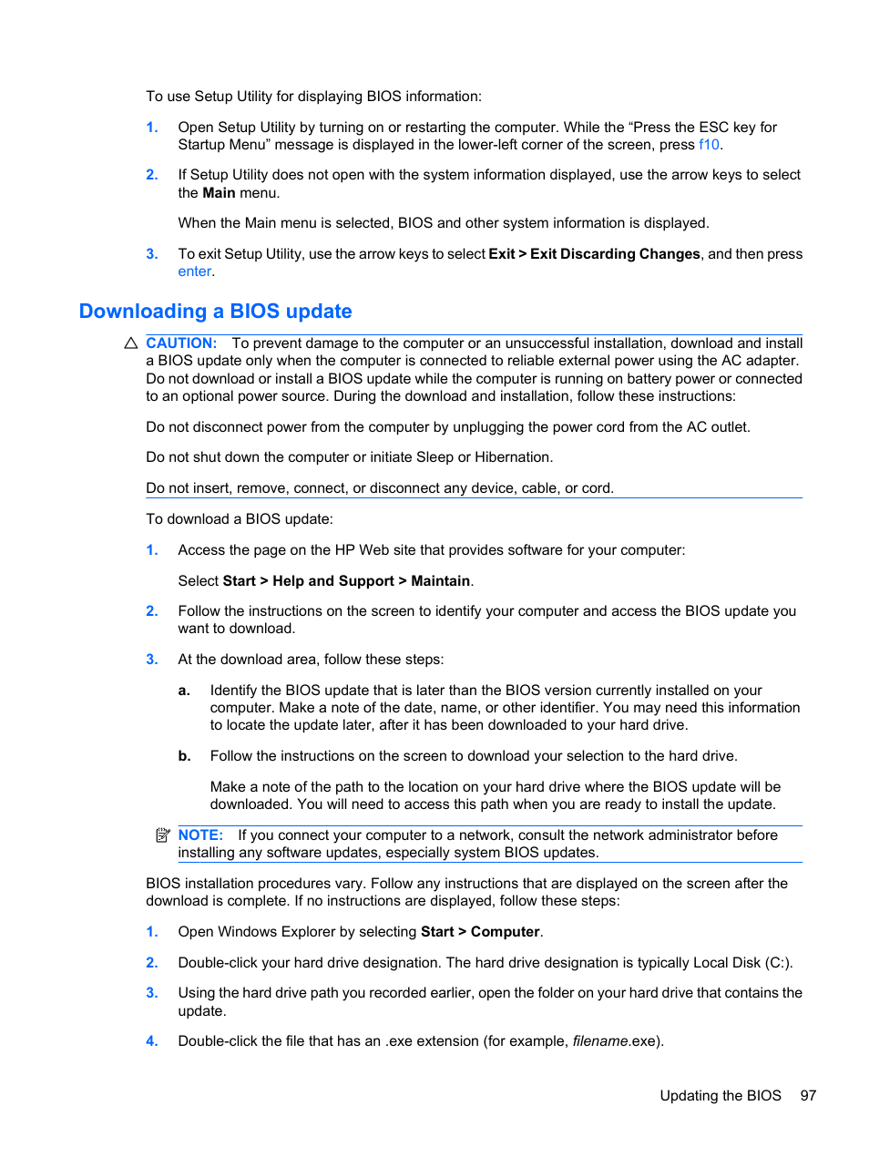 Downloading a bios update | HP Compaq Presario CQ42-210AU Notebook PC User Manual | Page 107 / 119