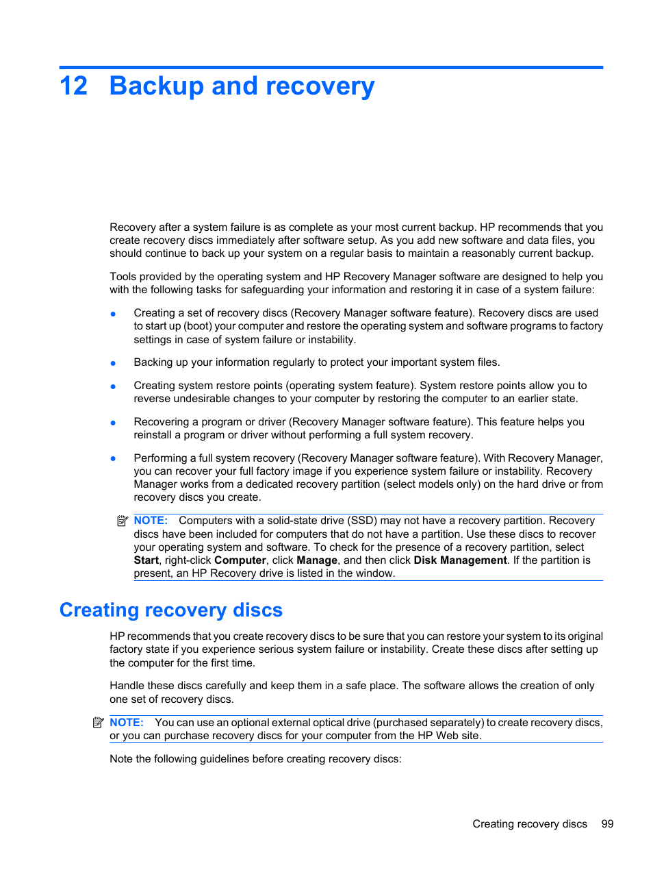 Backup and recovery, Creating recovery discs, 12 backup and recovery | HP Compaq Presario CQ42-210AU Notebook PC User Manual | Page 109 / 119