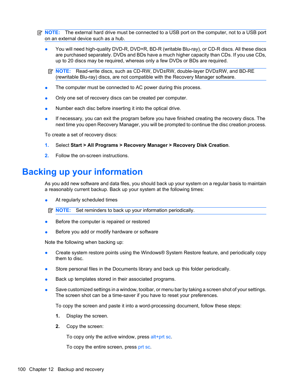 Backing up your information | HP Compaq Presario CQ42-210AU Notebook PC User Manual | Page 110 / 119