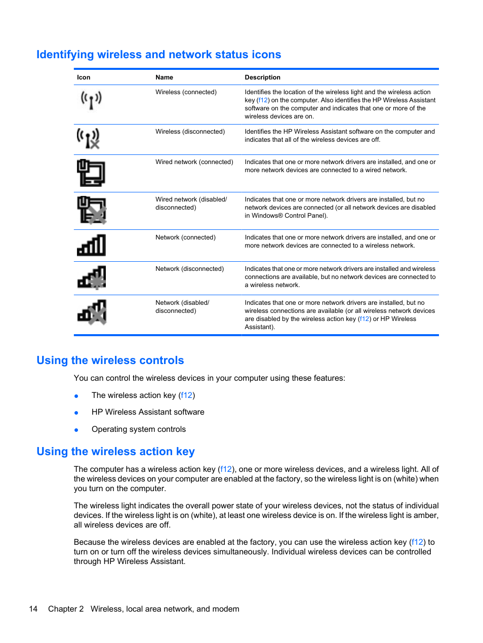 Identifying wireless and network status icons, Using the wireless controls, Using the wireless action key | HP Compaq Presario CQ42-210AU Notebook PC User Manual | Page 24 / 119