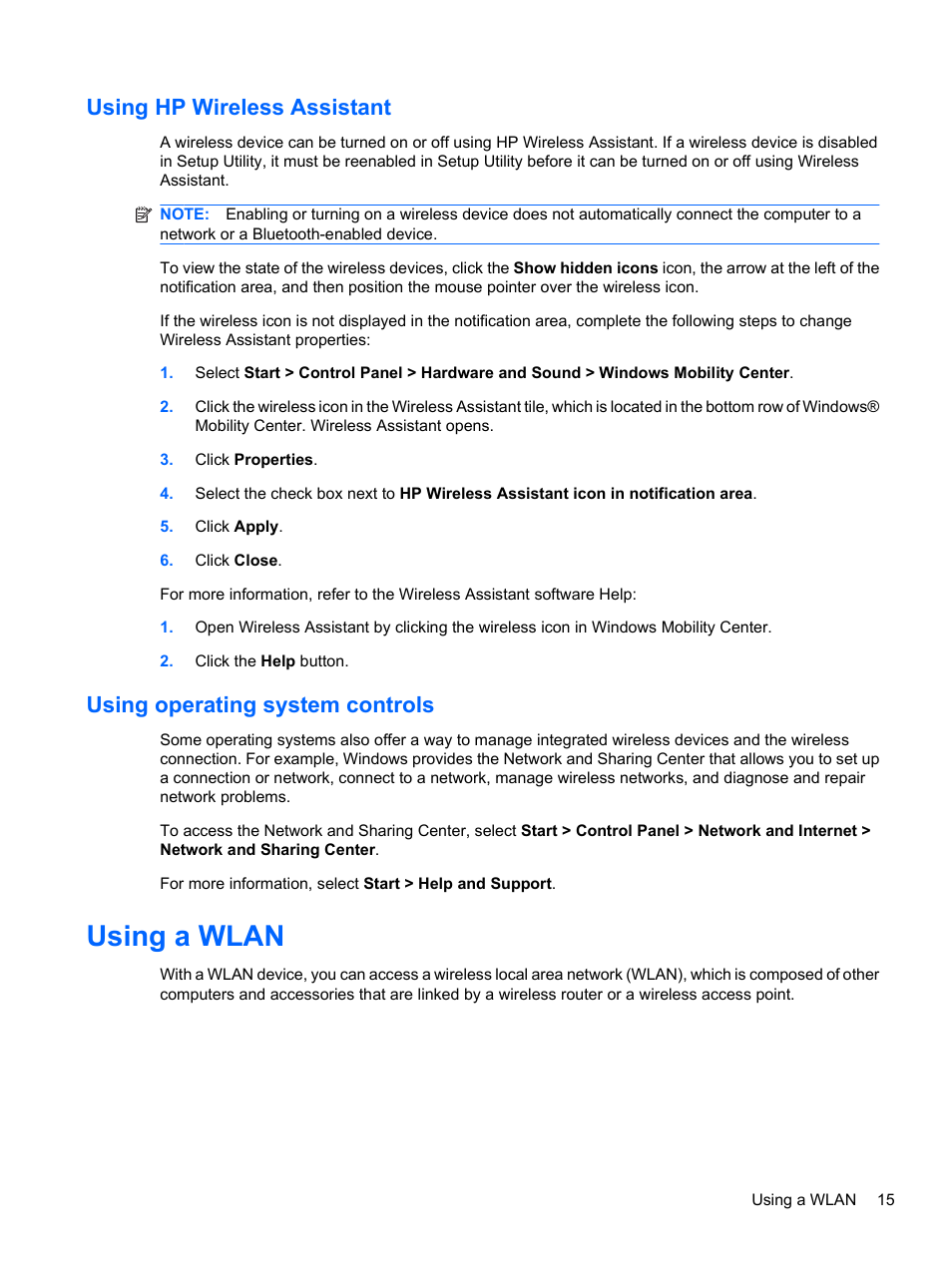 Using hp wireless assistant, Using operating system controls, Using a wlan | HP Compaq Presario CQ42-210AU Notebook PC User Manual | Page 25 / 119