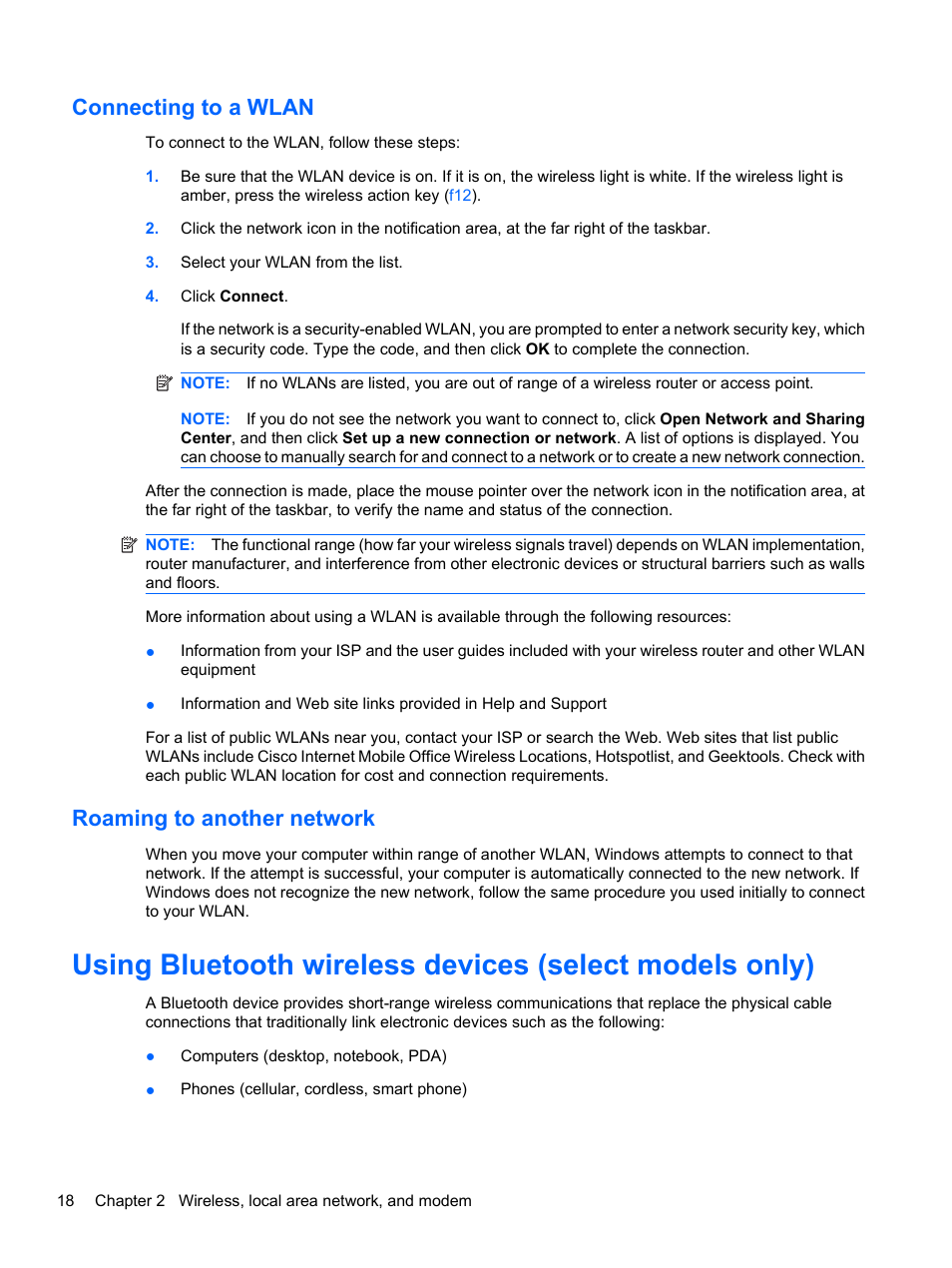 Connecting to a wlan, Roaming to another network, Connecting to a wlan roaming to another network | HP Compaq Presario CQ42-210AU Notebook PC User Manual | Page 28 / 119