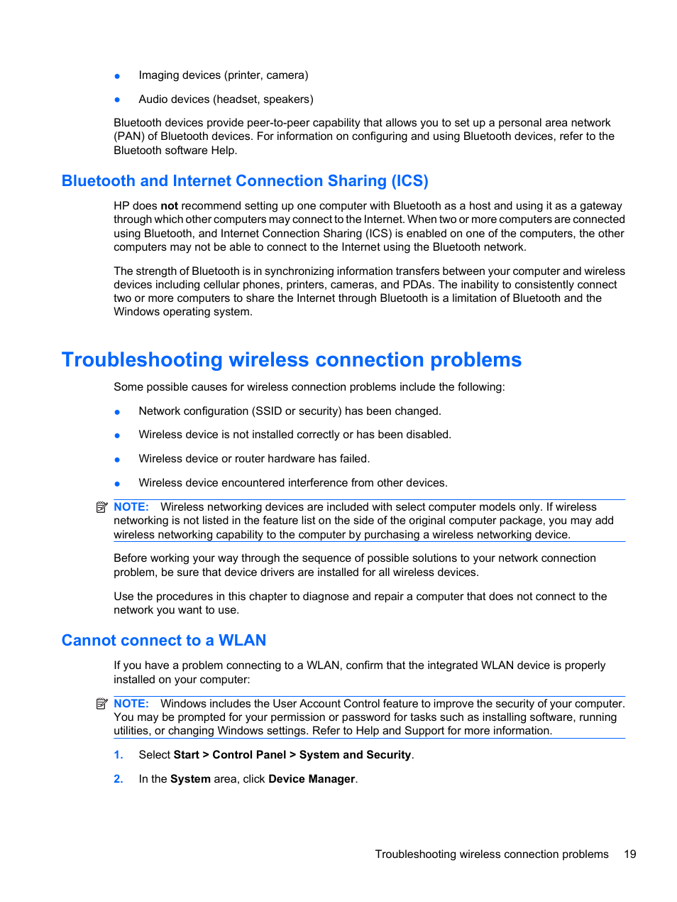 Bluetooth and internet connection sharing (ics), Troubleshooting wireless connection problems, Cannot connect to a wlan | HP Compaq Presario CQ42-210AU Notebook PC User Manual | Page 29 / 119