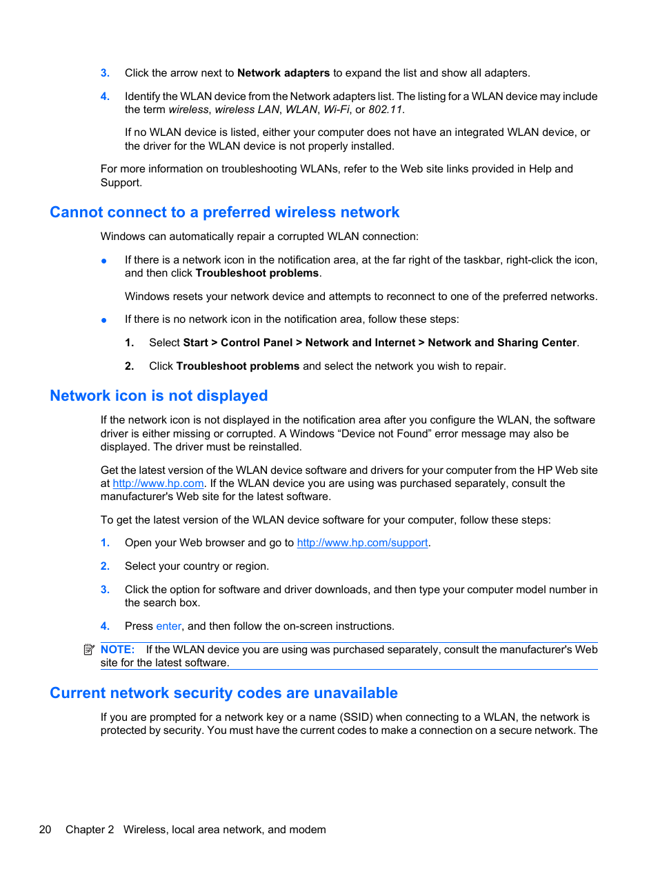 Cannot connect to a preferred wireless network, Network icon is not displayed, Current network security codes are unavailable | HP Compaq Presario CQ42-210AU Notebook PC User Manual | Page 30 / 119