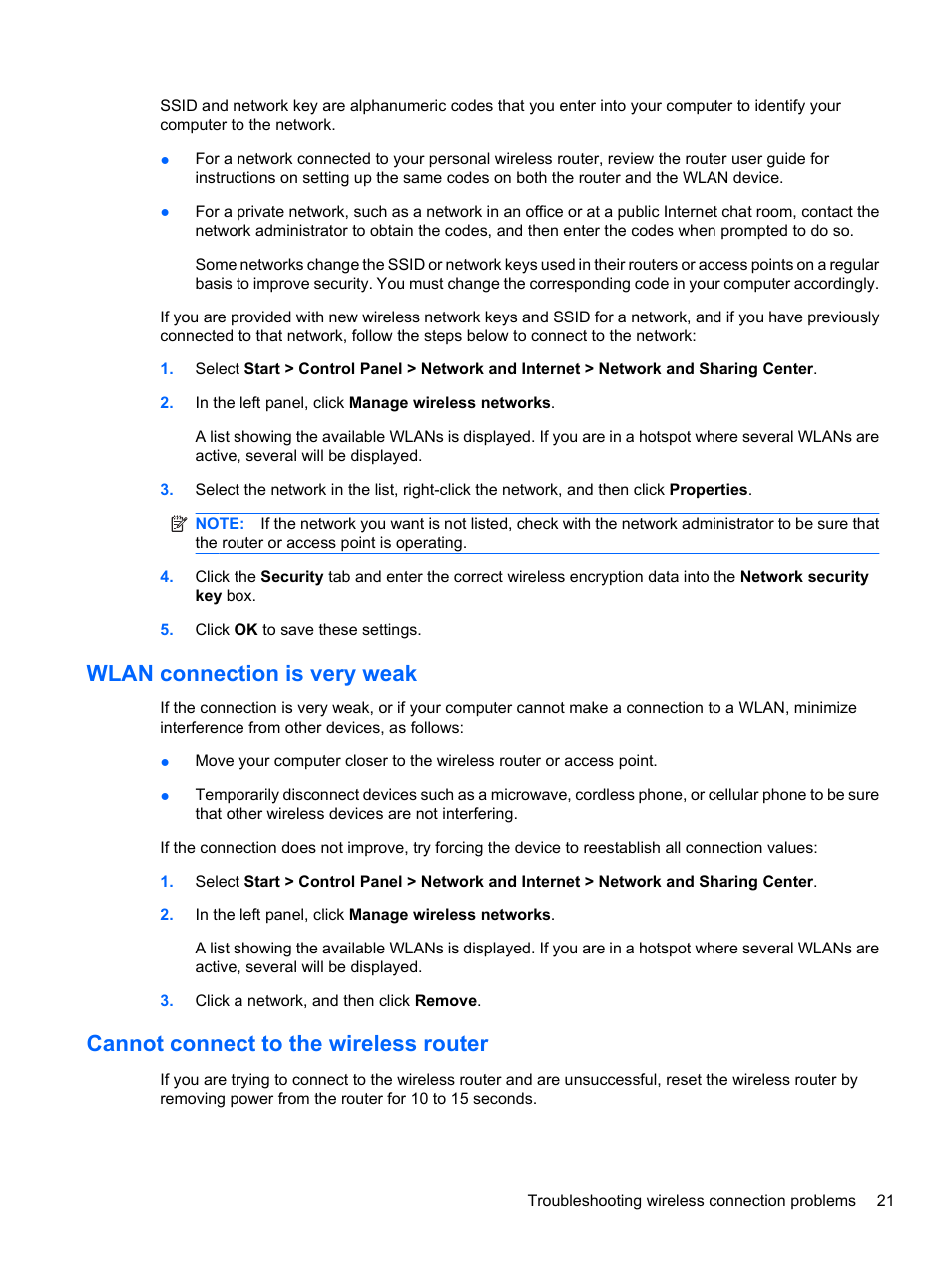 Wlan connection is very weak, Cannot connect to the wireless router | HP Compaq Presario CQ42-210AU Notebook PC User Manual | Page 31 / 119