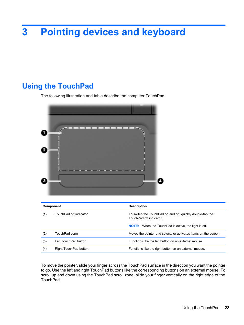 Pointing devices and keyboard, Using the touchpad, 3 pointing devices and keyboard | 3pointing devices and keyboard | HP Compaq Presario CQ42-210AU Notebook PC User Manual | Page 33 / 119