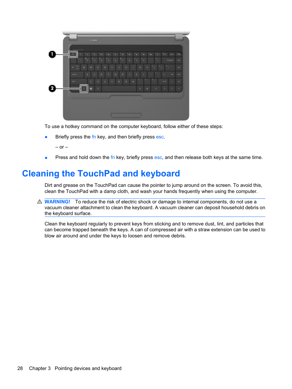 Cleaning the touchpad and keyboard | HP Compaq Presario CQ42-210AU Notebook PC User Manual | Page 38 / 119