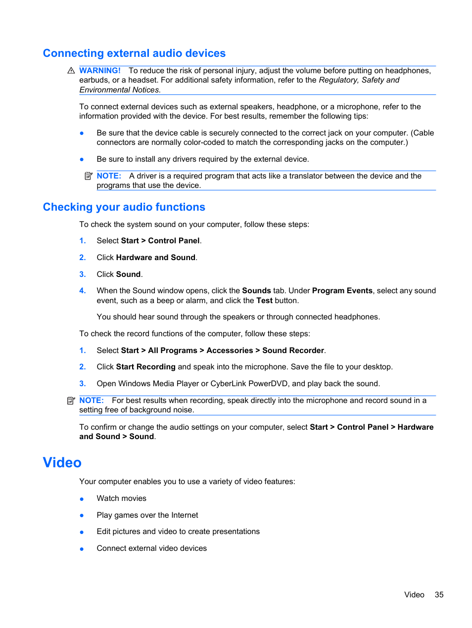 Connecting external audio devices, Checking your audio functions, Video | HP Compaq Presario CQ42-210AU Notebook PC User Manual | Page 45 / 119