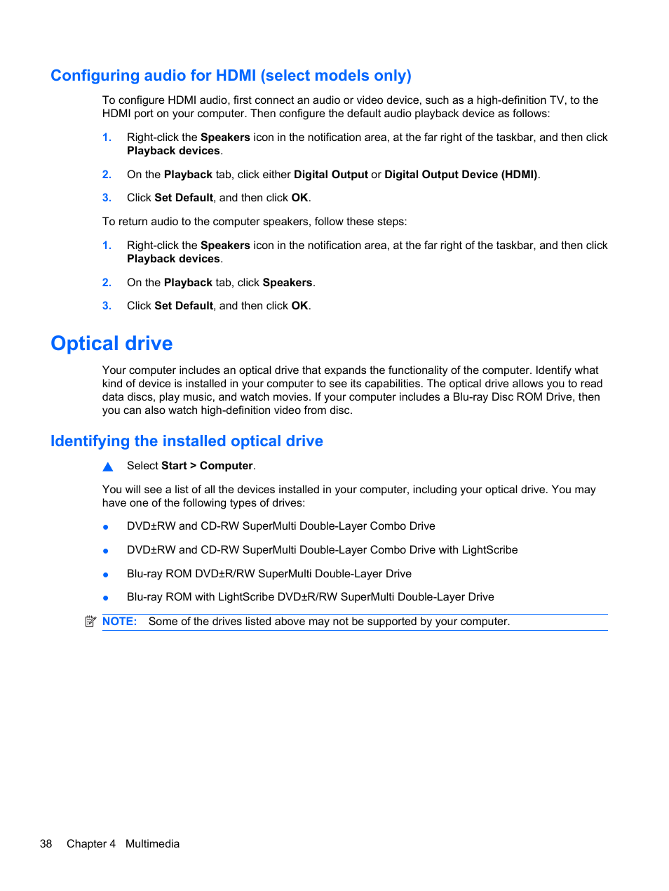 Configuring audio for hdmi (select models only), Optical drive, Identifying the installed optical drive | HP Compaq Presario CQ42-210AU Notebook PC User Manual | Page 48 / 119