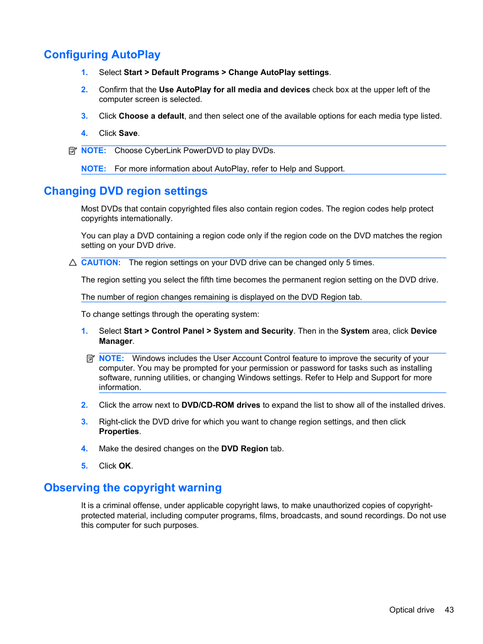 Configuring autoplay, Changing dvd region settings, Observing the copyright warning | HP Compaq Presario CQ42-210AU Notebook PC User Manual | Page 53 / 119