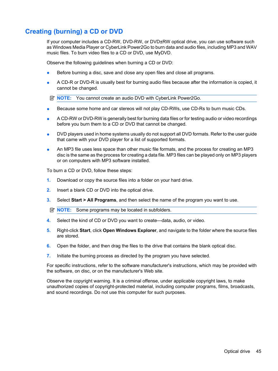 Creating (burning) a cd or dvd | HP Compaq Presario CQ42-210AU Notebook PC User Manual | Page 55 / 119