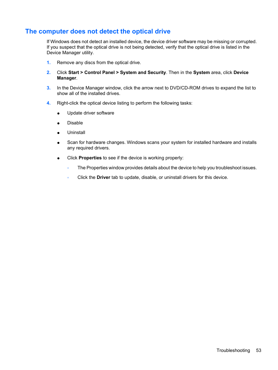 The computer does not detect the optical drive | HP Compaq Presario CQ42-210AU Notebook PC User Manual | Page 63 / 119