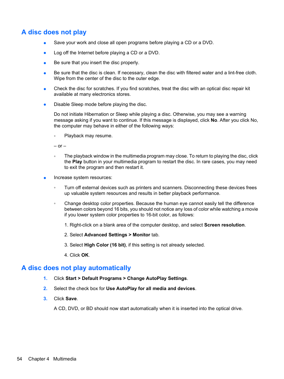 A disc does not play, A disc does not play automatically | HP Compaq Presario CQ42-210AU Notebook PC User Manual | Page 64 / 119
