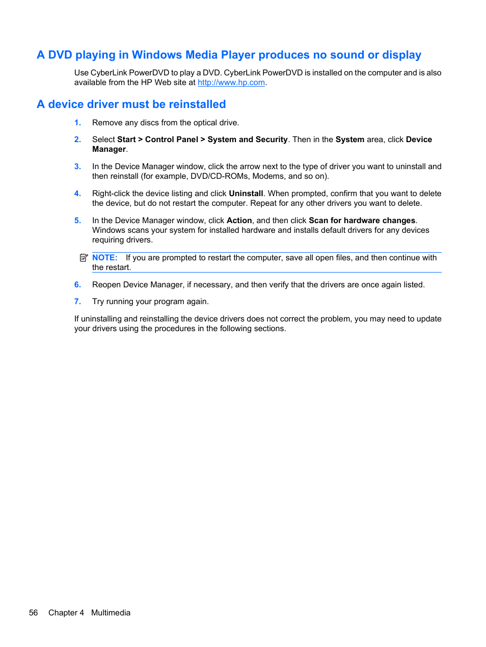 A device driver must be reinstalled | HP Compaq Presario CQ42-210AU Notebook PC User Manual | Page 66 / 119