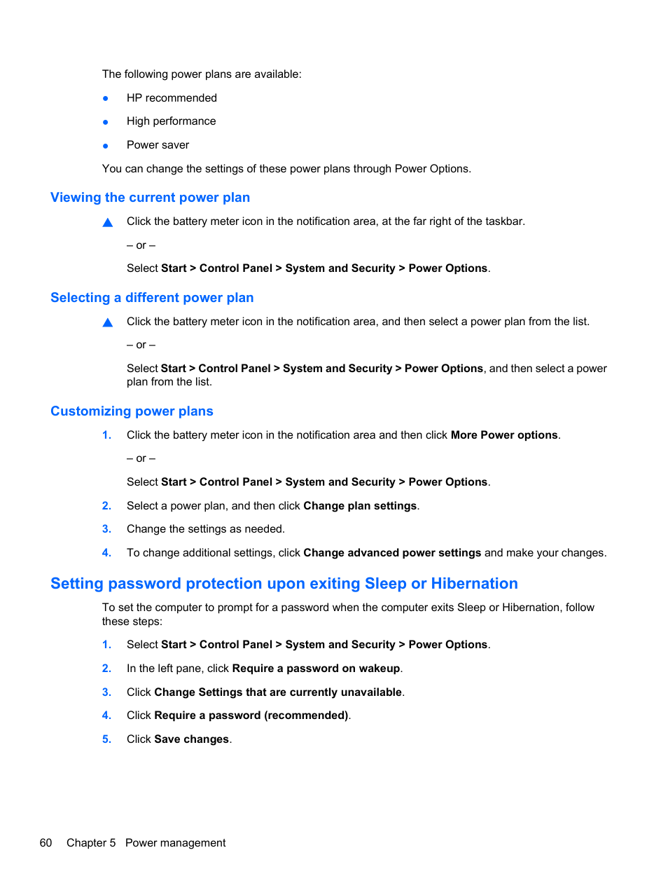 Viewing the current power plan, Selecting a different power plan, Customizing power plans | HP Compaq Presario CQ42-210AU Notebook PC User Manual | Page 70 / 119