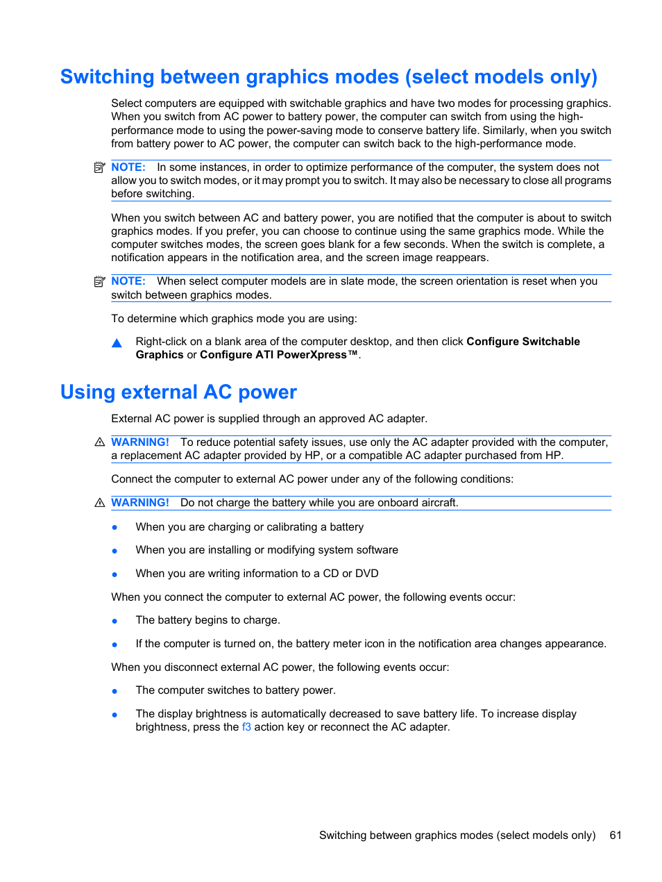 Using external ac power | HP Compaq Presario CQ42-210AU Notebook PC User Manual | Page 71 / 119