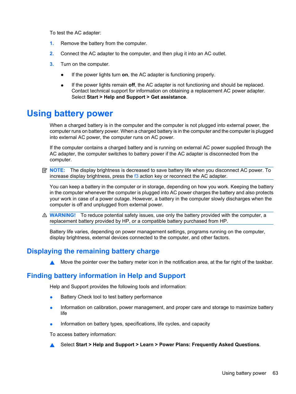 Using battery power, Displaying the remaining battery charge, Finding battery information in help and support | HP Compaq Presario CQ42-210AU Notebook PC User Manual | Page 73 / 119
