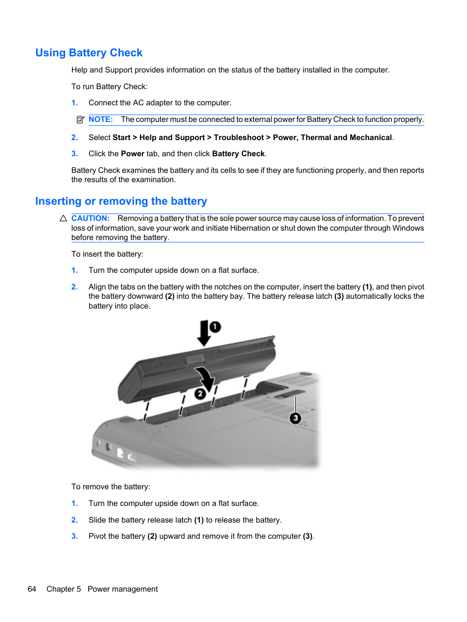 Using battery check, Inserting or removing the battery | HP Compaq Presario CQ42-210AU Notebook PC User Manual | Page 74 / 119