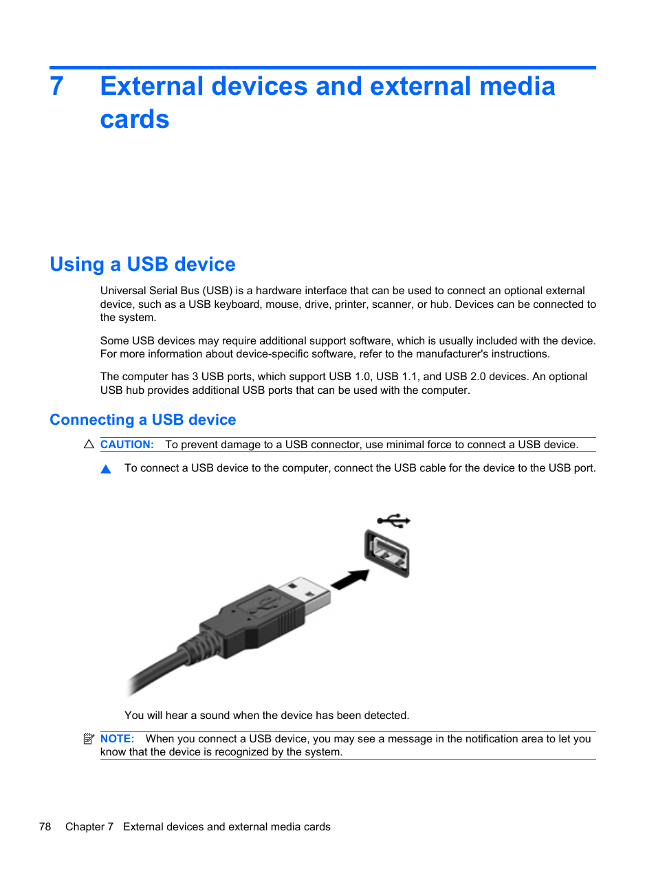 External devices and external media cards, Using a usb device, Connecting a usb device | 7 external devices and external media cards, 7external devices and external media cards | HP Compaq Presario CQ42-210AU Notebook PC User Manual | Page 88 / 119