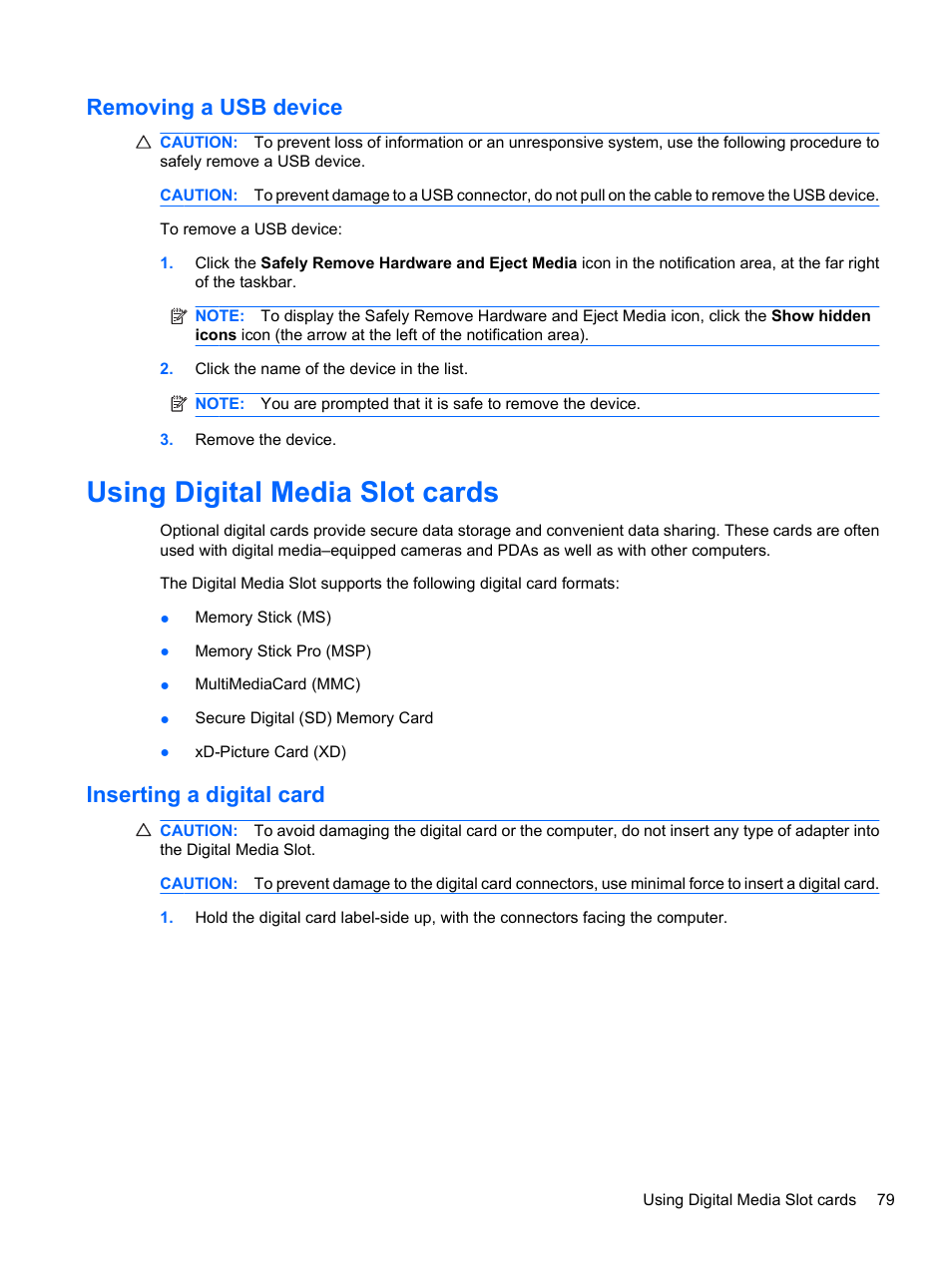 Removing a usb device, Using digital media slot cards, Inserting a digital card | HP Compaq Presario CQ42-210AU Notebook PC User Manual | Page 89 / 119