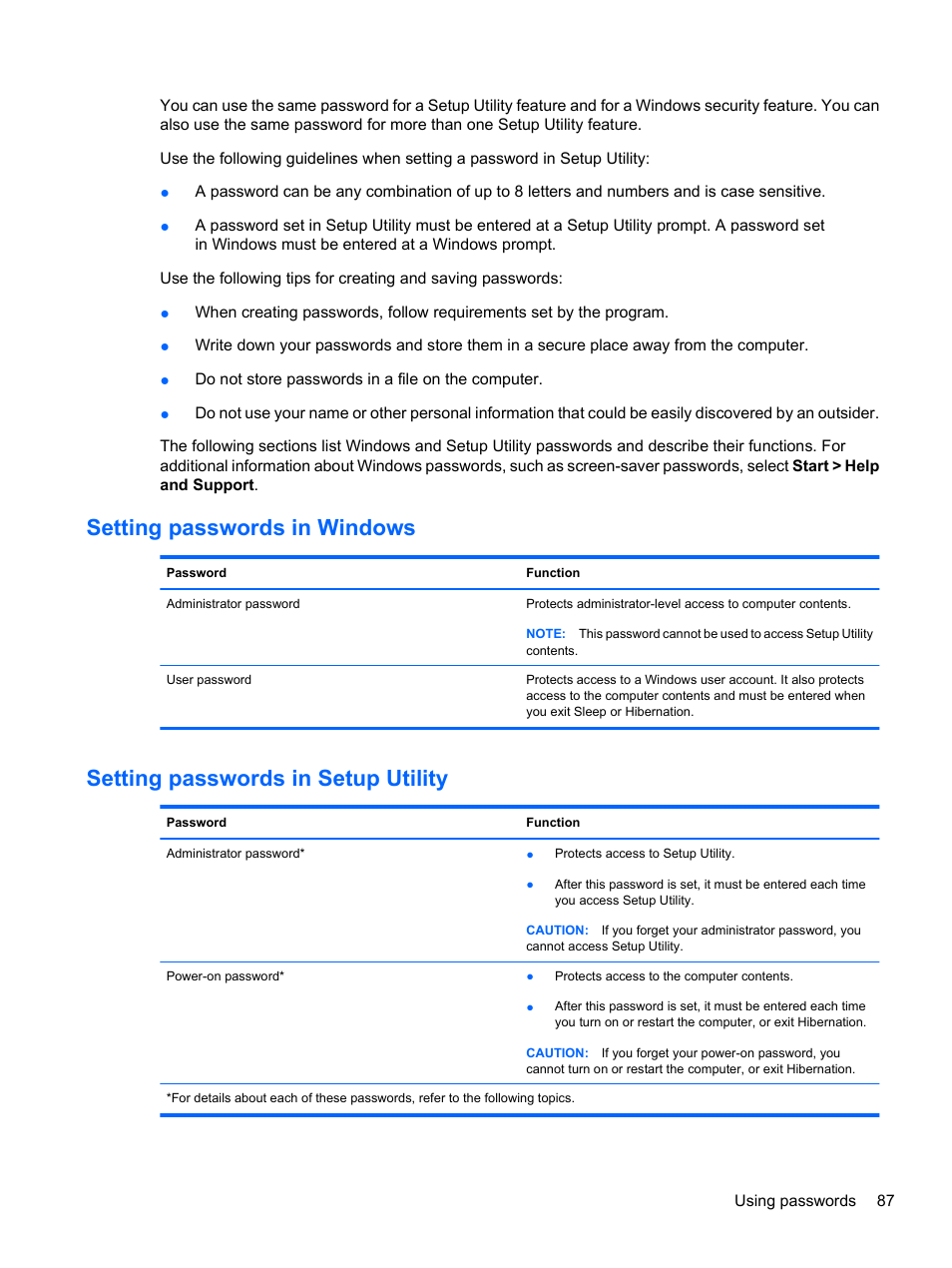 Setting passwords in windows, Setting passwords in setup utility | HP Compaq Presario CQ42-210AU Notebook PC User Manual | Page 97 / 119