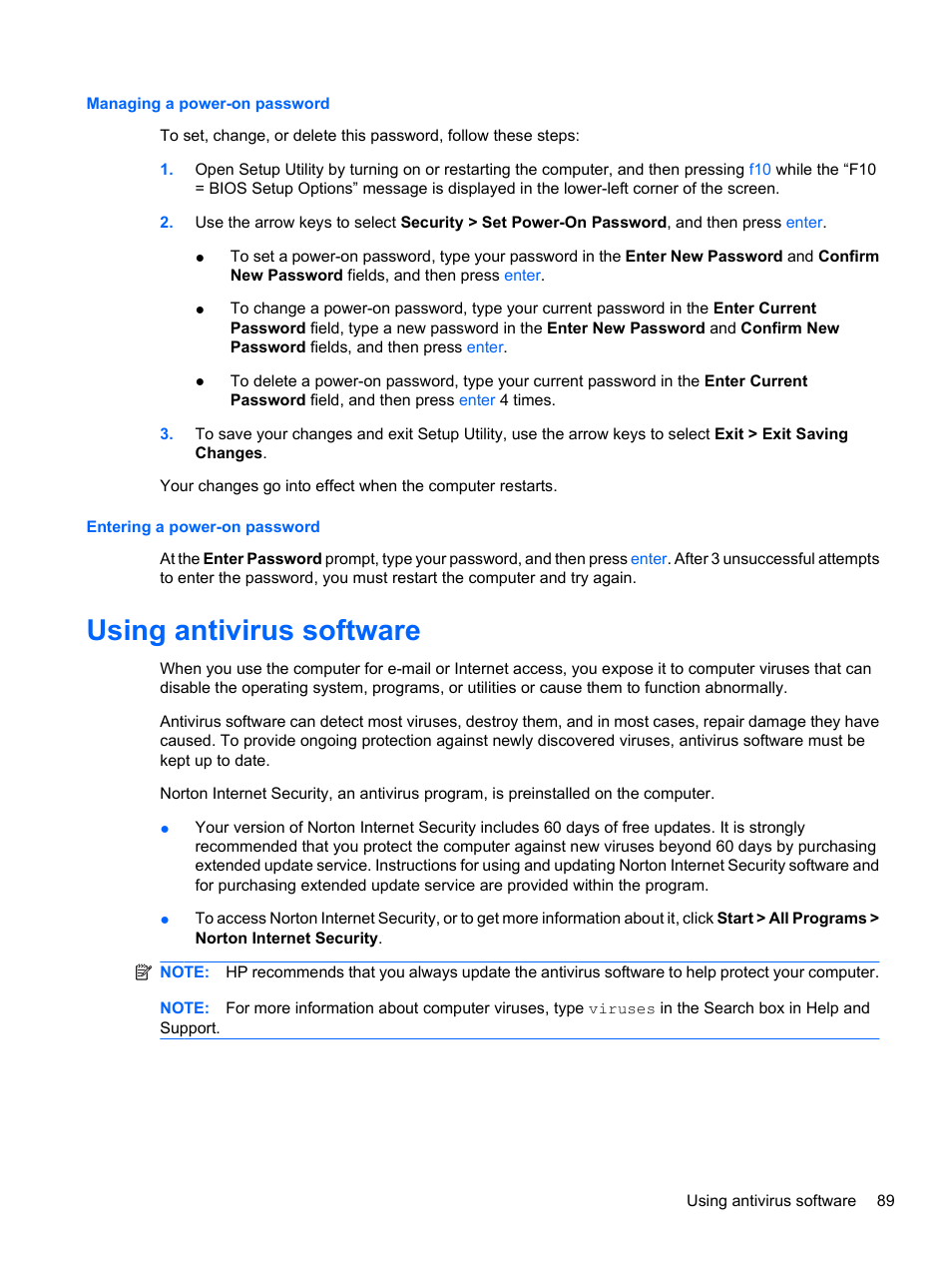 Managing a power-on password, Entering a power-on password, Using antivirus software | HP Compaq Presario CQ42-210AU Notebook PC User Manual | Page 99 / 119