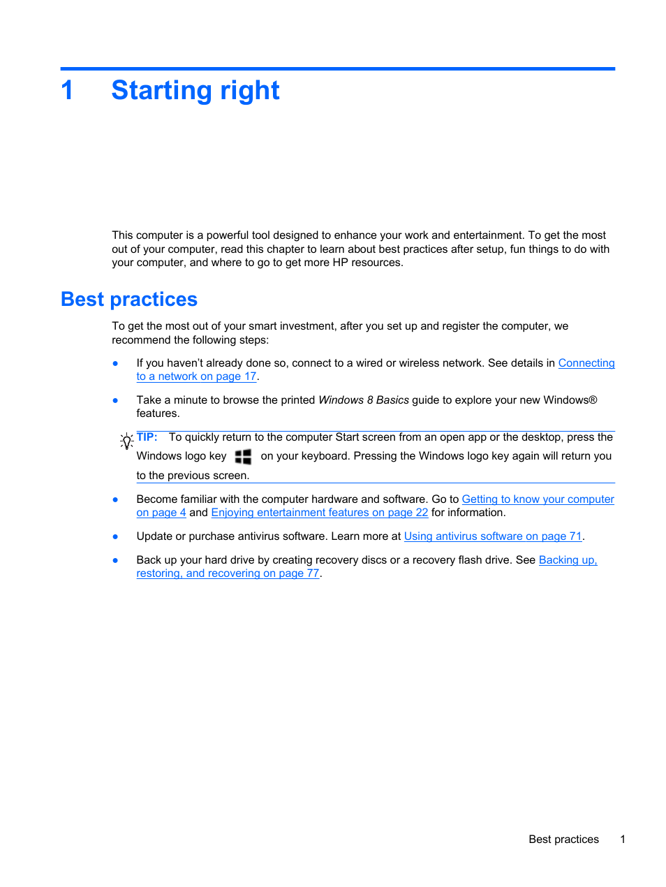 Starting right, Best practices, 1 starting right | 1starting right | HP ENVY dv6-7273ca Notebook PC User Manual | Page 11 / 101