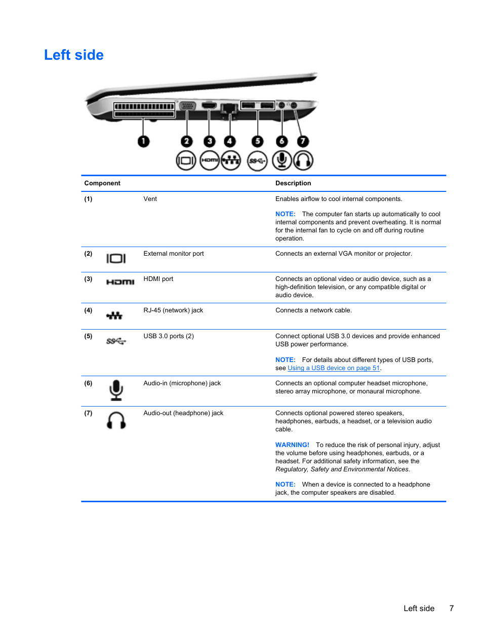 Left side | HP ENVY dv6-7273ca Notebook PC User Manual | Page 17 / 101