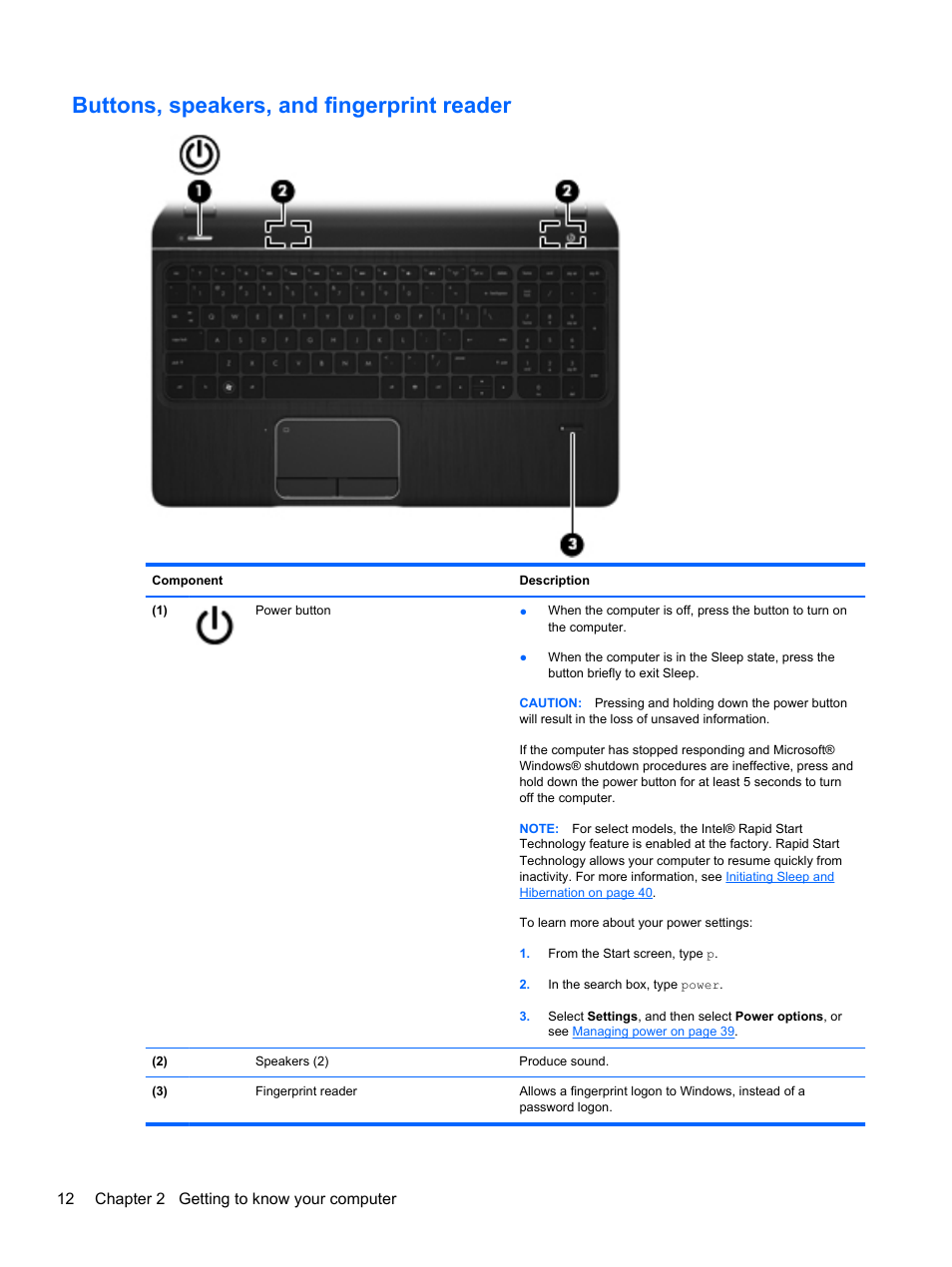 Buttons, speakers, and fingerprint reader, 12 chapter 2 getting to know your computer | HP ENVY dv6-7273ca Notebook PC User Manual | Page 22 / 101