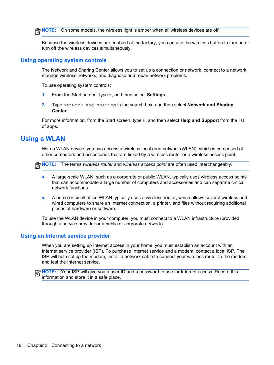 Using operating system controls, Using a wlan, Using an internet service provider | HP ENVY dv6-7273ca Notebook PC User Manual | Page 28 / 101