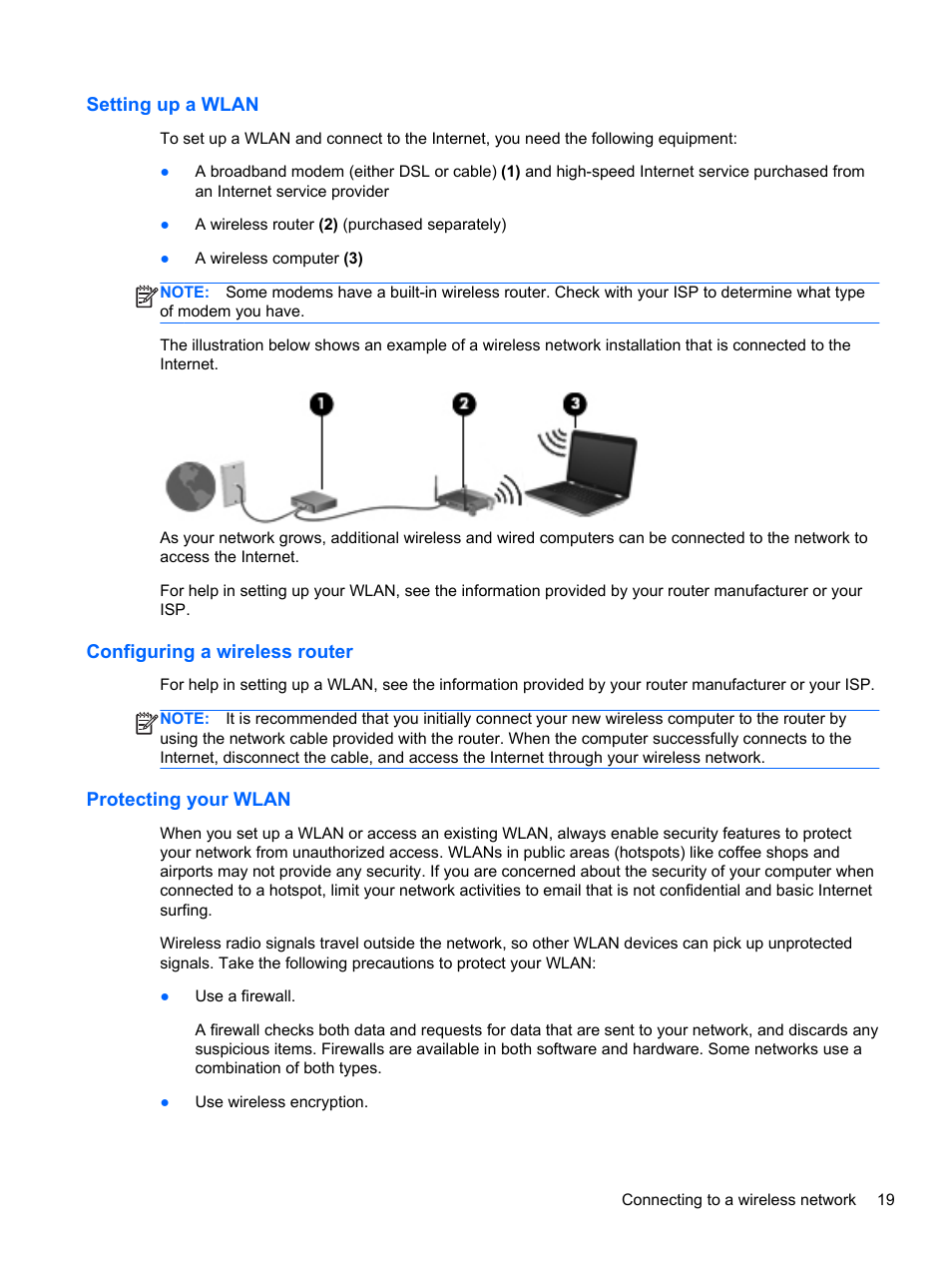 Setting up a wlan, Configuring a wireless router, Protecting your wlan | Setting up a wlan configuring a wireless router | HP ENVY dv6-7273ca Notebook PC User Manual | Page 29 / 101