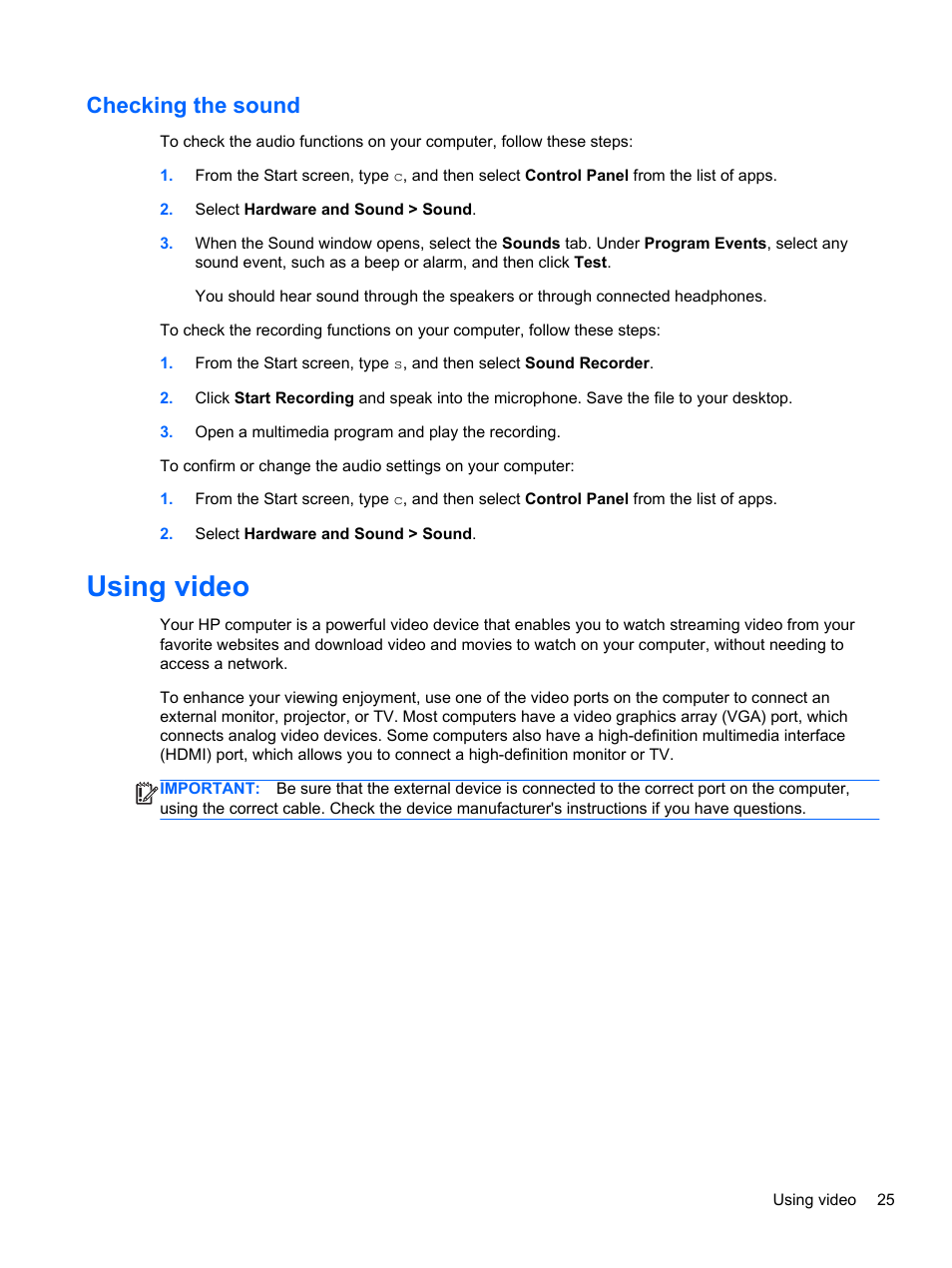 Checking the sound, Using video | HP ENVY dv6-7273ca Notebook PC User Manual | Page 35 / 101