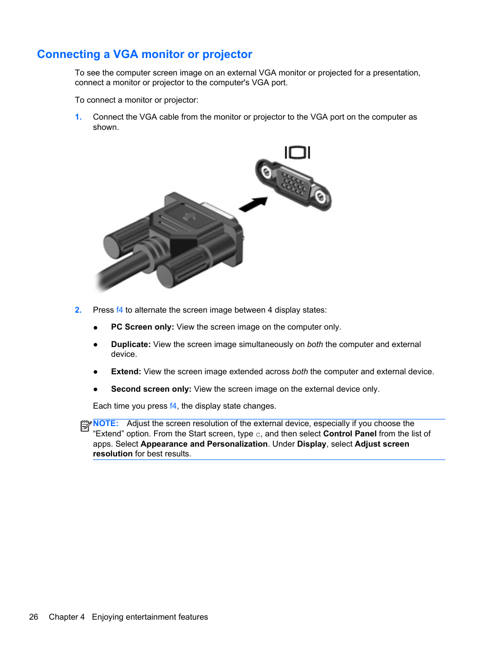 Connecting a vga monitor or projector, Connecting a vga monitor or | HP ENVY dv6-7273ca Notebook PC User Manual | Page 36 / 101