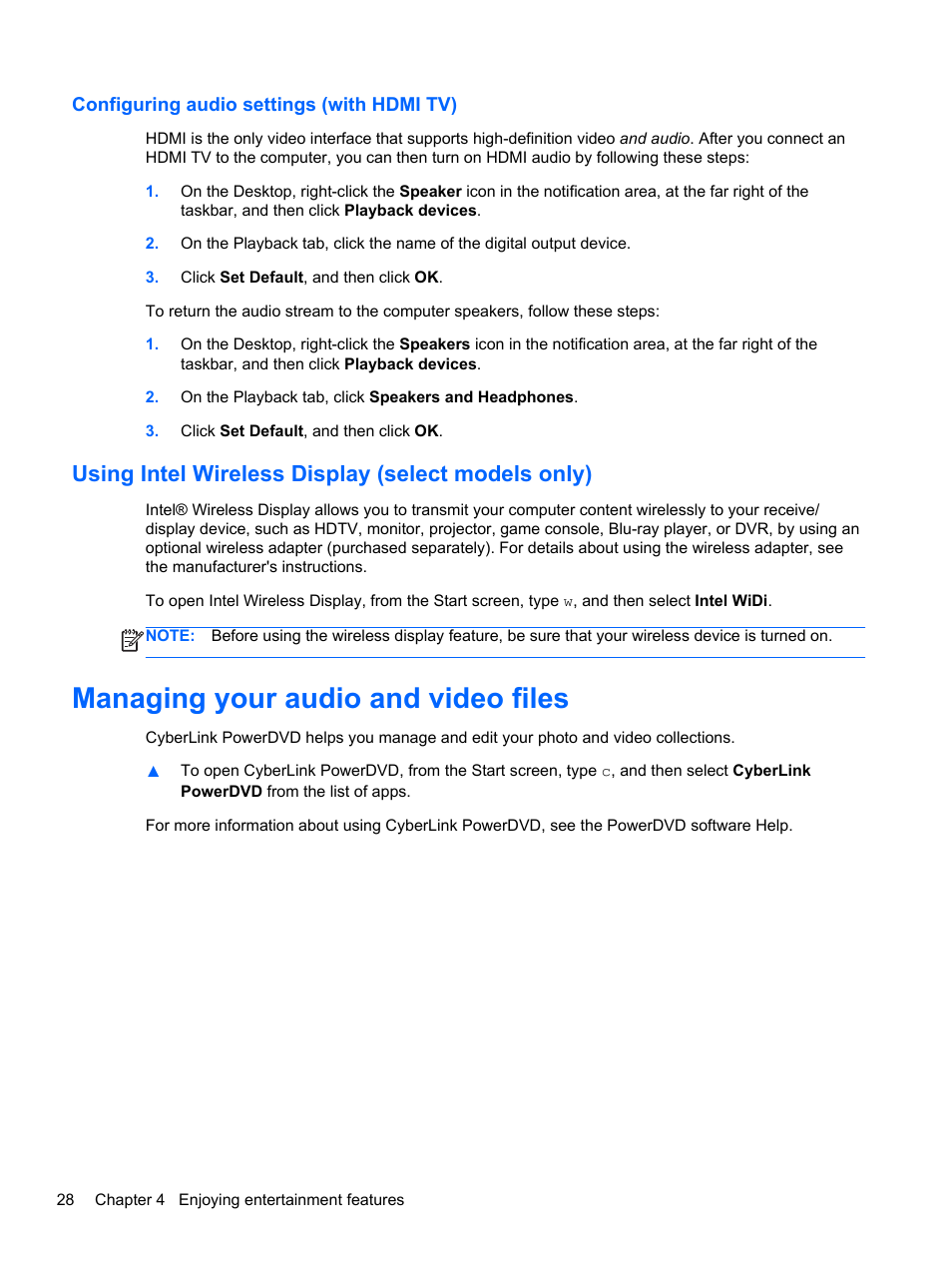 Configuring audio settings (with hdmi tv), Using intel wireless display (select models only), Managing your audio and video files | HP ENVY dv6-7273ca Notebook PC User Manual | Page 38 / 101